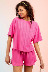 Textured Round Neck Top and Shorts Set - Trendsi