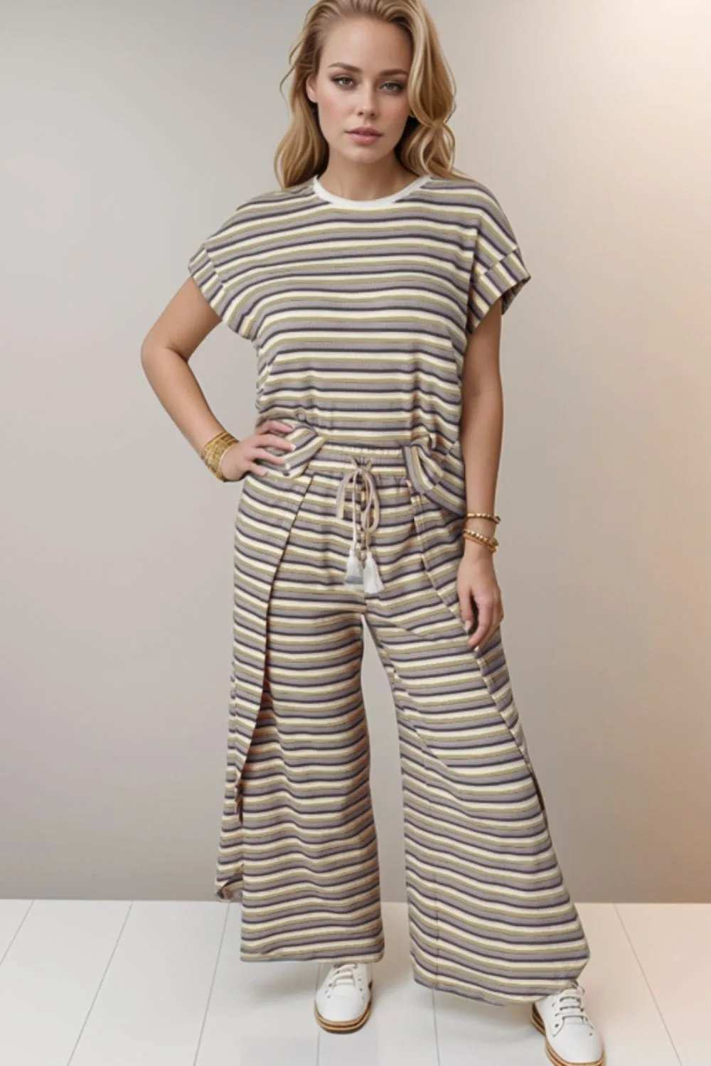 Striped Round Neck Short Sleeve Top and Pants Set - Trendsi - Flyclothing LLC