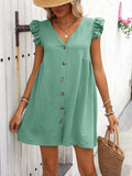 Button Up V-Neck Cap Sleeve Mini Dress - Trendsi - Flyclothing LLC