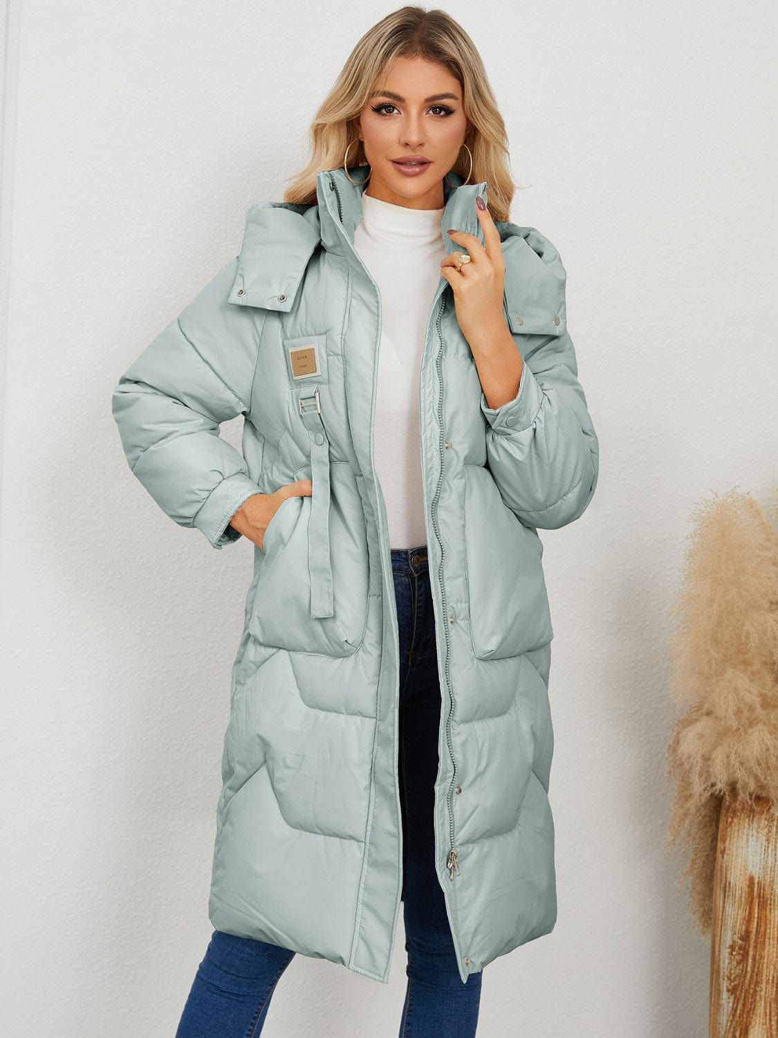 Long Sleeve Longline Hooded Winter Coat - Trendsi