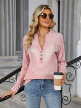 Striped Notched Long Sleeve T-Shirt - Trendsi - Flyclothing LLC