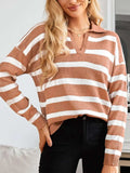 Many Striped Johnny Collar Long Sleeve Sweater - Trendsi - Flyclothing LLC