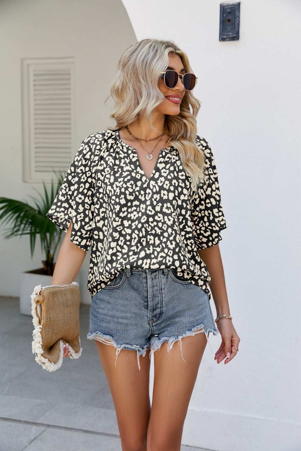 Leopard Notched Half Sleeve Blouse - Trendsi - Flyclothing LLC