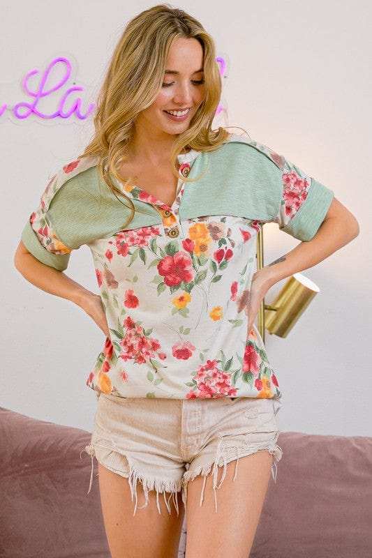 BiBi Floral Button Detail Round Neck Short Sleeve Terry T-Shirt - Trendsi - Flyclothing LLC
