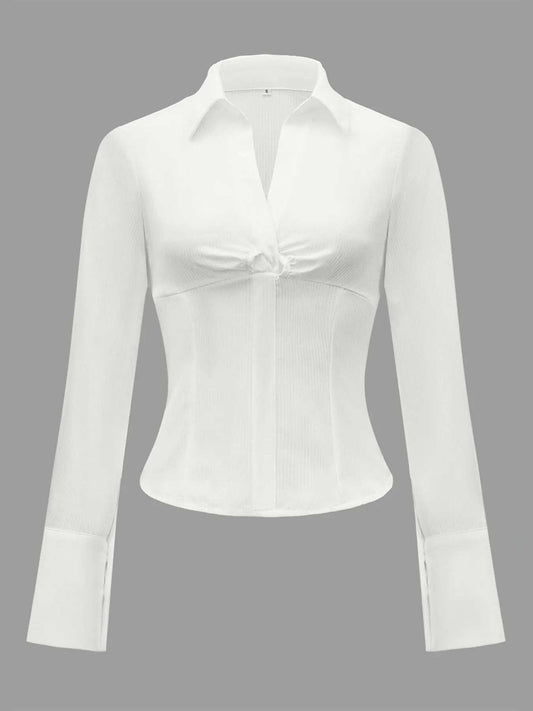 Ruched Striped Collared Neck Long Sleeve Shirt - Trendsi - Flyclothing LLC