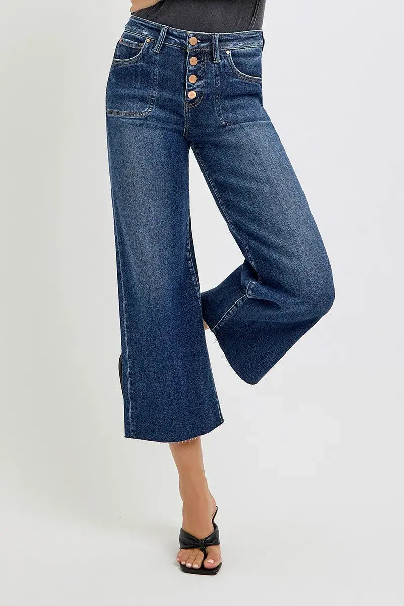 RISEN Full Size High Rise Crop Wide Button Up Jeans Plus Size - Trendsi - Flyclothing LLC