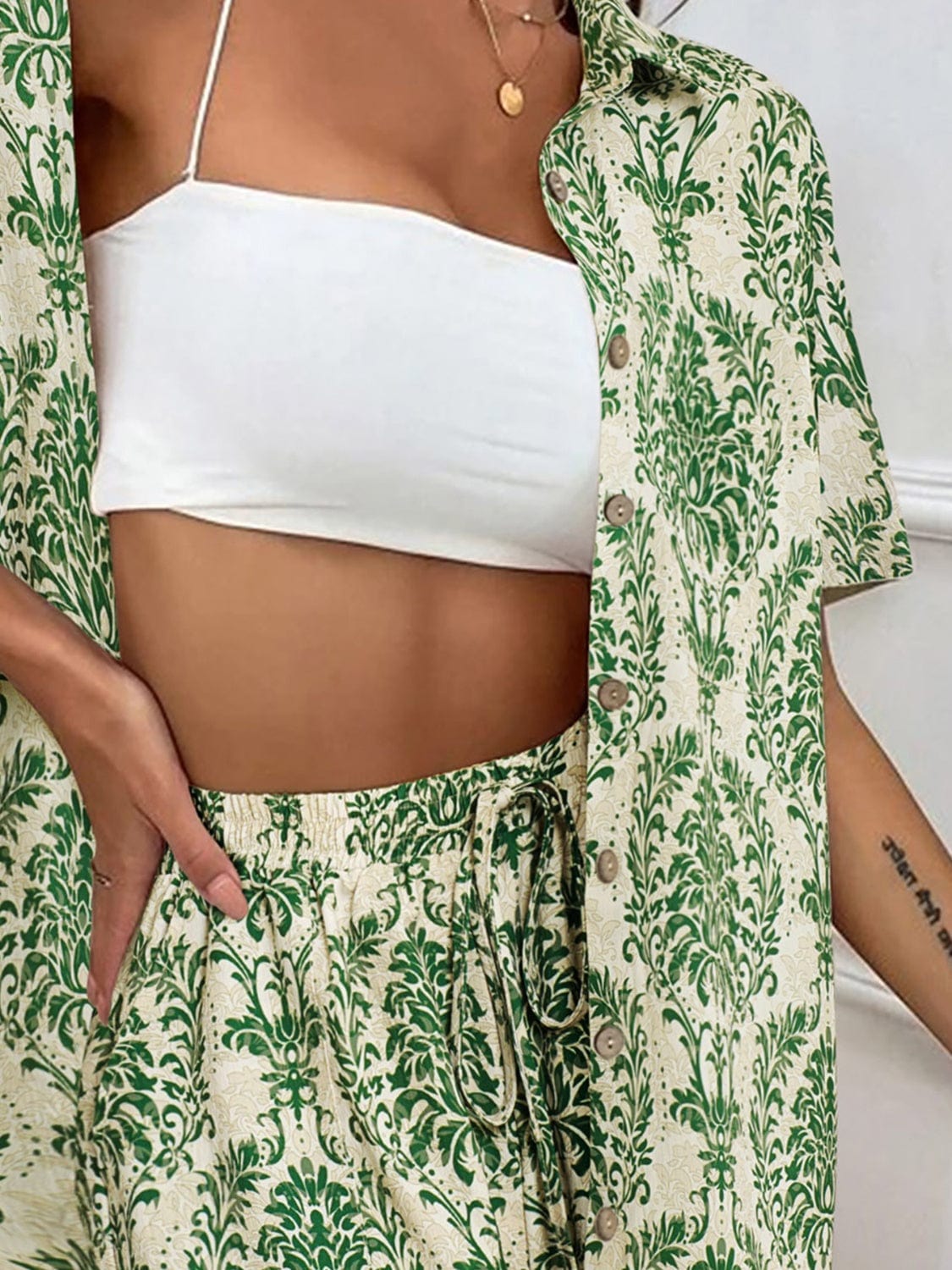 Printed Button Up Top and Shorts Set - Trendsi