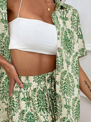 Printed Button Up Top and Shorts Set - Trendsi