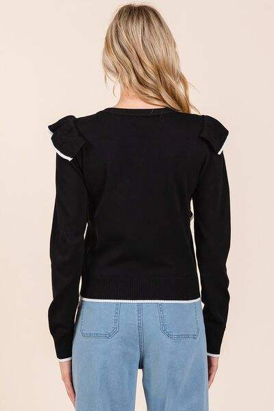 Mittoshop Contrast Trim Ruffled Round Neck Knit Top - Trendsi - Flyclothing LLC