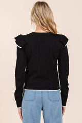 Mittoshop Contrast Trim Ruffled Round Neck Knit Top - Trendsi - Flyclothing LLC
