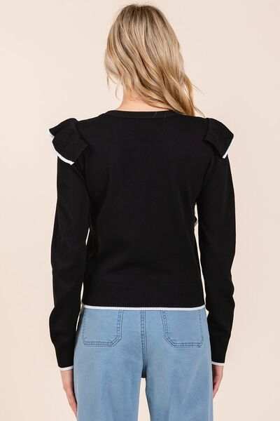 Mittoshop Contrast Trim Ruffled Round Neck Knit Top - Trendsi - Flyclothing LLC