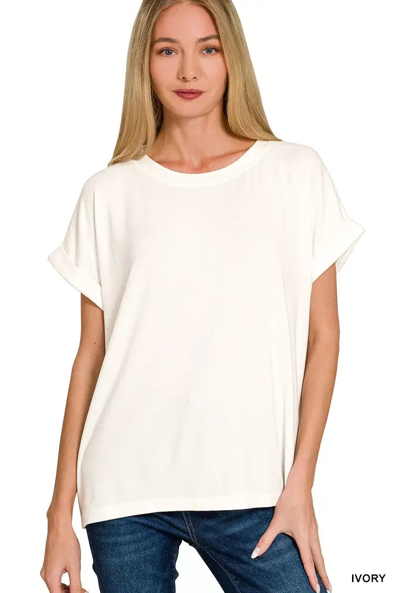 Zenana Soft Melange Hacci Short Sleeve Round Neck Top - Trendsi - Flyclothing LLC