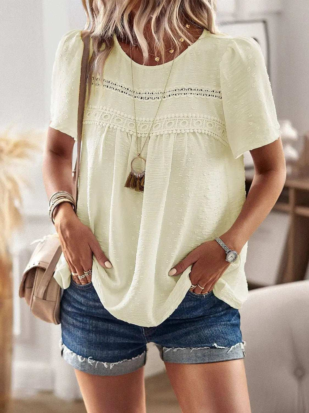 Lace Detail Round Neck Short Sleeve Blouse - Trendsi - Flyclothing LLC