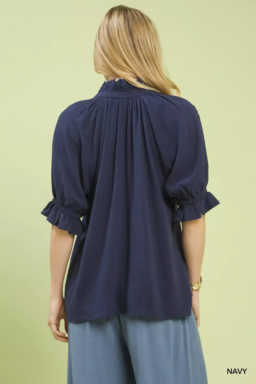 Umgee Linen Scalloped Ruffle Neck Blouse - Trendsi - Flyclothing LLC