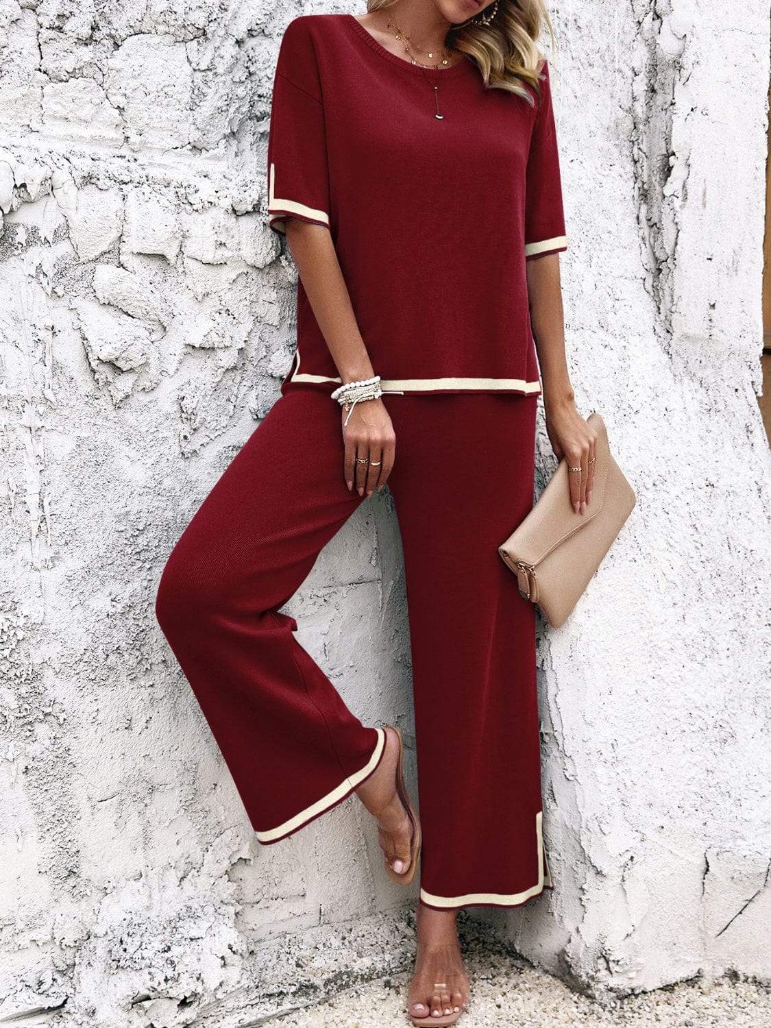 Contrast Trim Round Neck Top and Pants Set - Trendsi - Flyclothing LLC