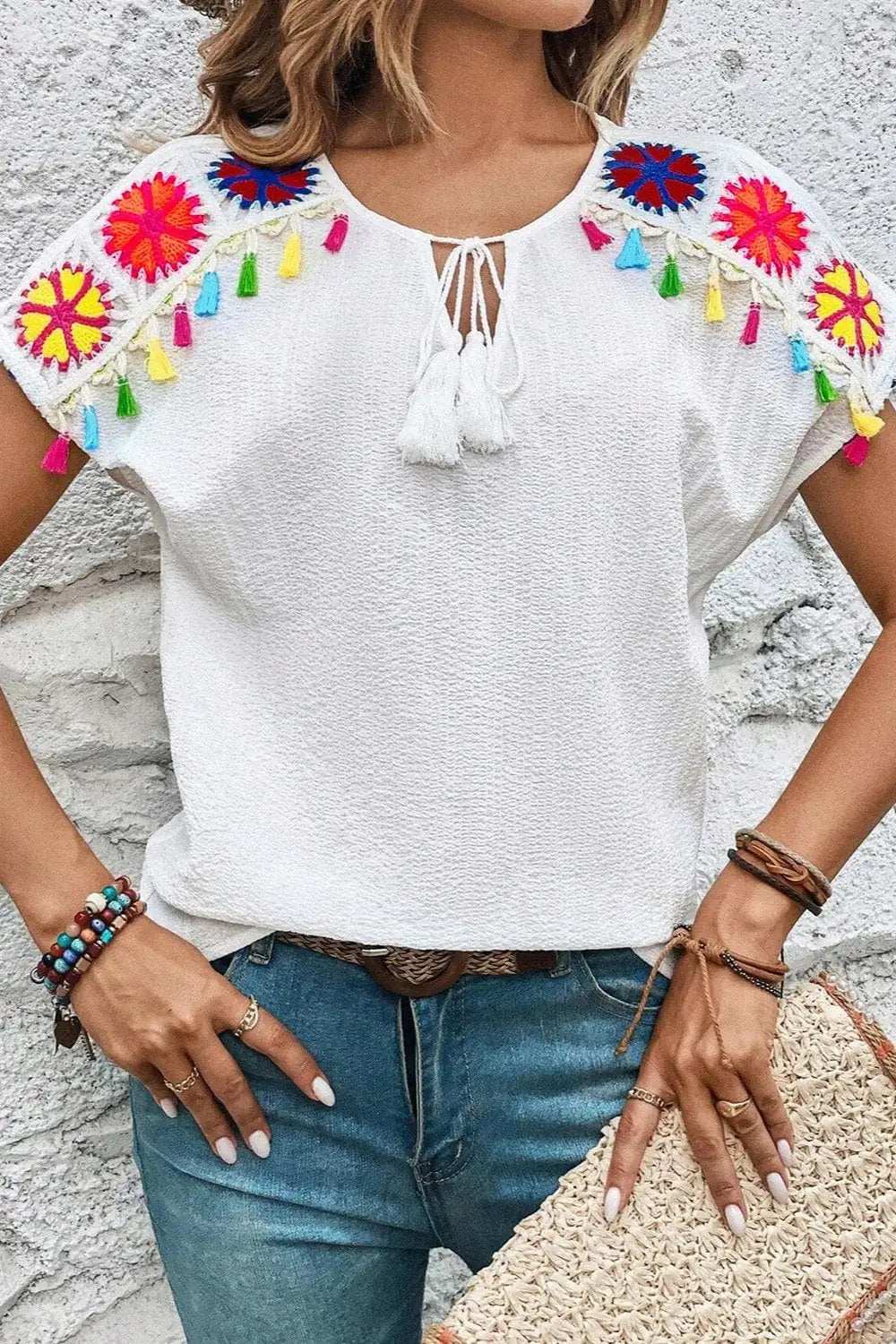 Tassel Tie Neck Short Sleeve Blouse - Trendsi - Flyclothing LLC