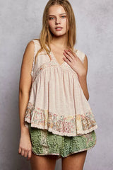 POL Lace Detail Ruffled Ribbed Sleeveless Top with Floral Pattern Trim Detail - Trendsi - Flyclothing LLC