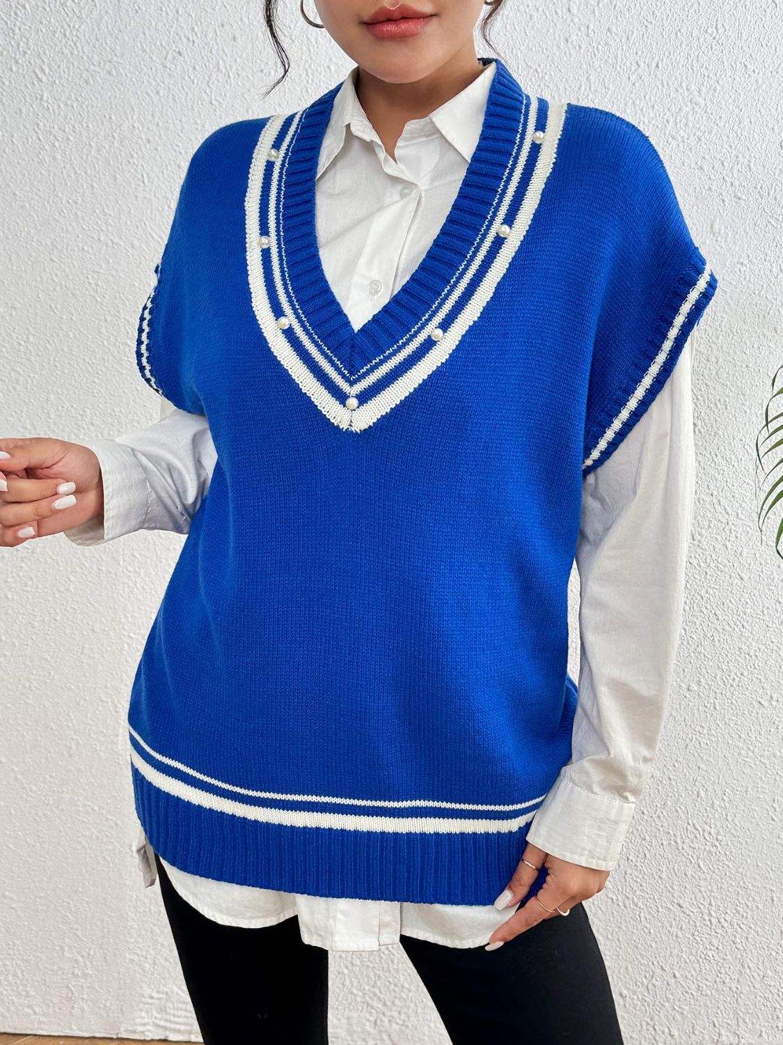Pearl Trim Contrast V-Neck Sweater Vest - Trendsi - Flyclothing LLC