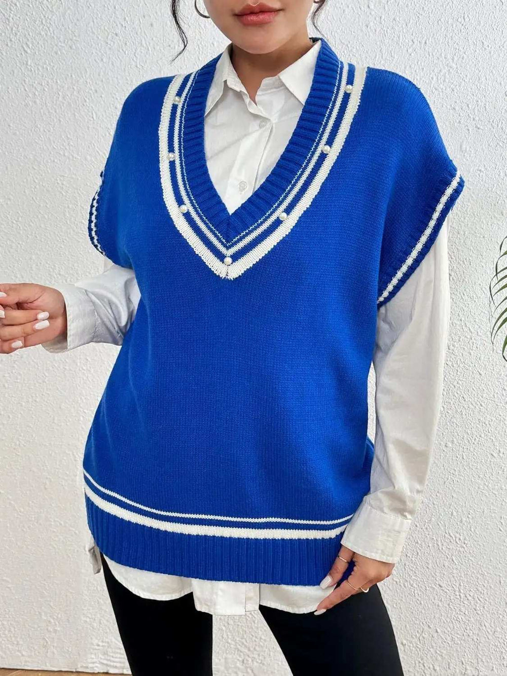 Pearl Trim Contrast V-Neck Sweater Vest - Trendsi - Flyclothing LLC