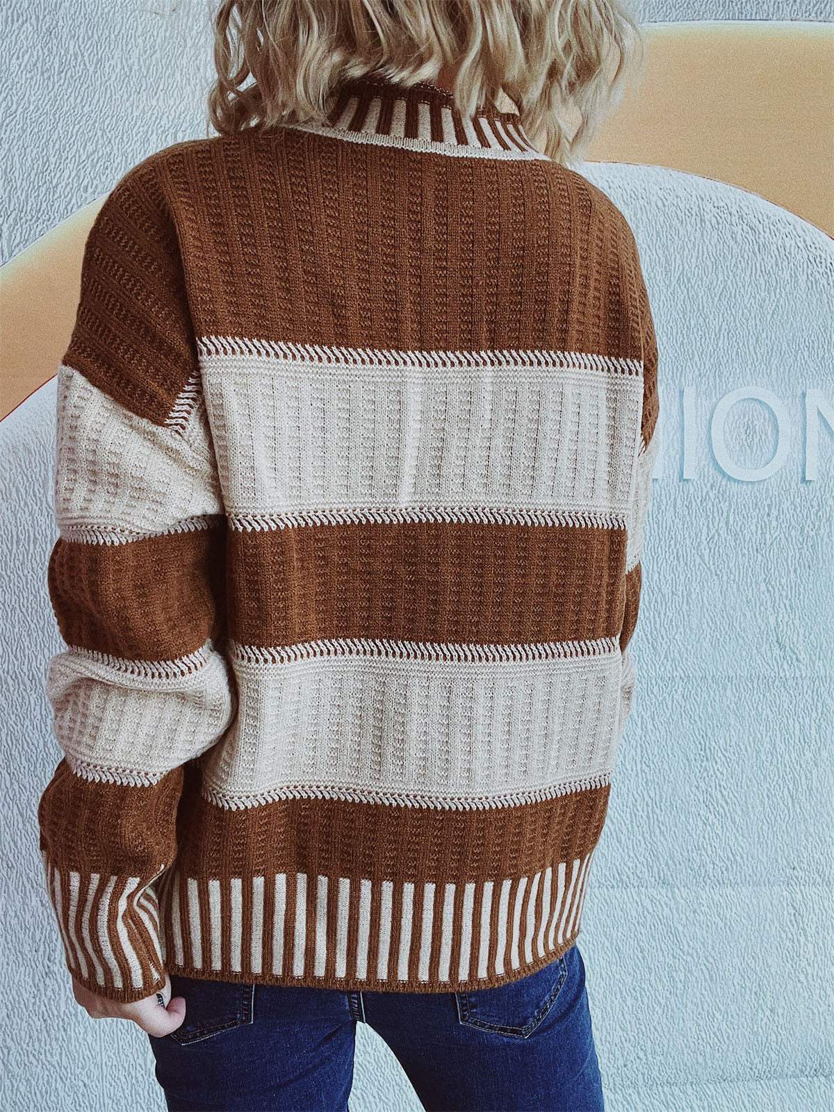 Contrast Round Neck Long Sleeve Sweater - Trendsi - Flyclothing LLC