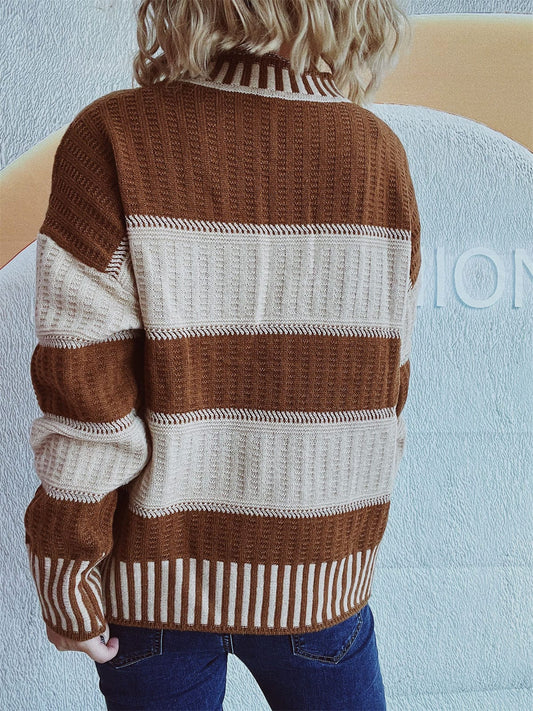 Contrast Round Neck Long Sleeve Sweater - Trendsi