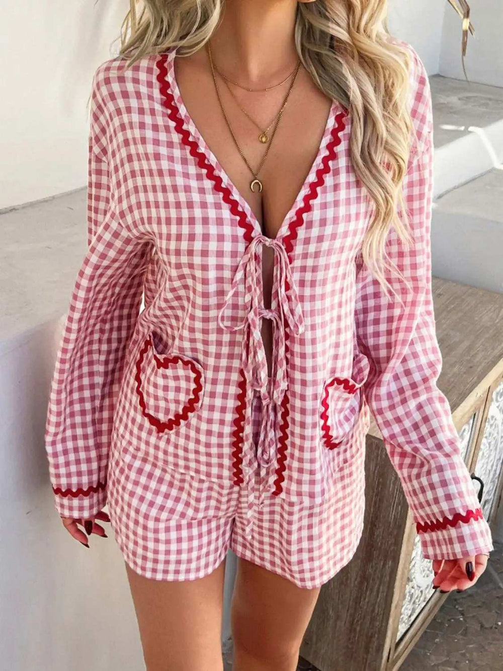 Devine Tie Front Contrast Plaid Shirt and Shorts Set - Trendsi - Flyclothing LLC