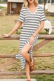 Casual Striped V-Neck Midi T-Shirt Dress - Trendsi - Flyclothing LLC