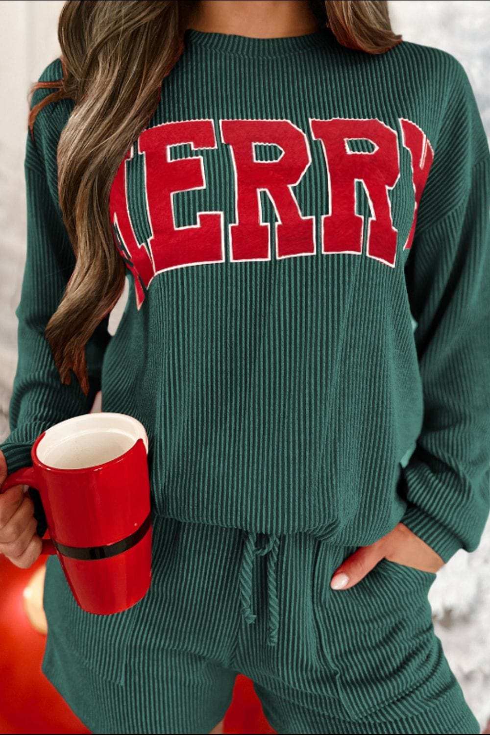 MERRY Round Neck Long Sleeve Top and Shorts Set - Trendsi - Flyclothing LLC