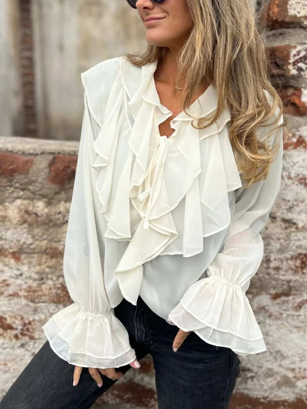 Ruffled Tie Front Flounce Sleeve Blouse - Trendsi - Flyclothing LLC