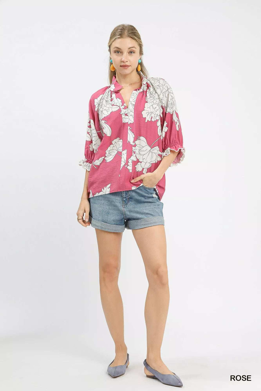 Umgee Peony Illustration Print Flounce Sleeve Blouse - Trendsi - Flyclothing LLC