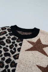 Leopard Star Pattern Round Neck Long Sleeve Shift Sweater - Trendsi - Flyclothing LLC