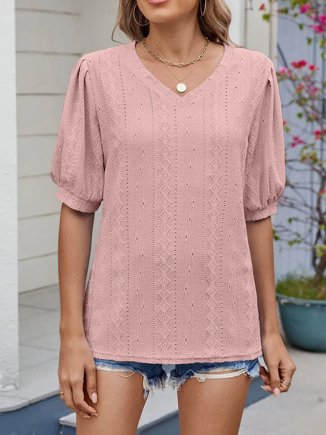 Puff Sleeve V-Neck Eyelet Lace T-Shirt - Trendsi - Flyclothing LLC