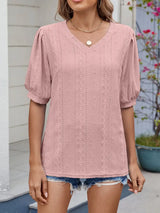 Puff Sleeve V-Neck Eyelet Lace T-Shirt - Trendsi - Flyclothing LLC