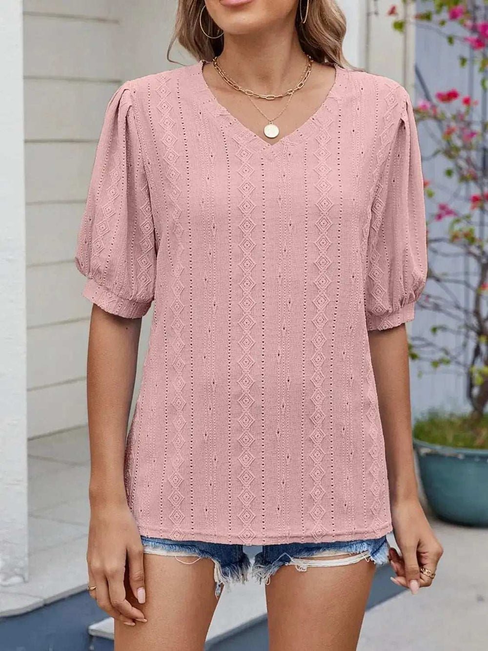 Puff Sleeve V-Neck Eyelet Lace T-Shirt - Trendsi - Flyclothing LLC