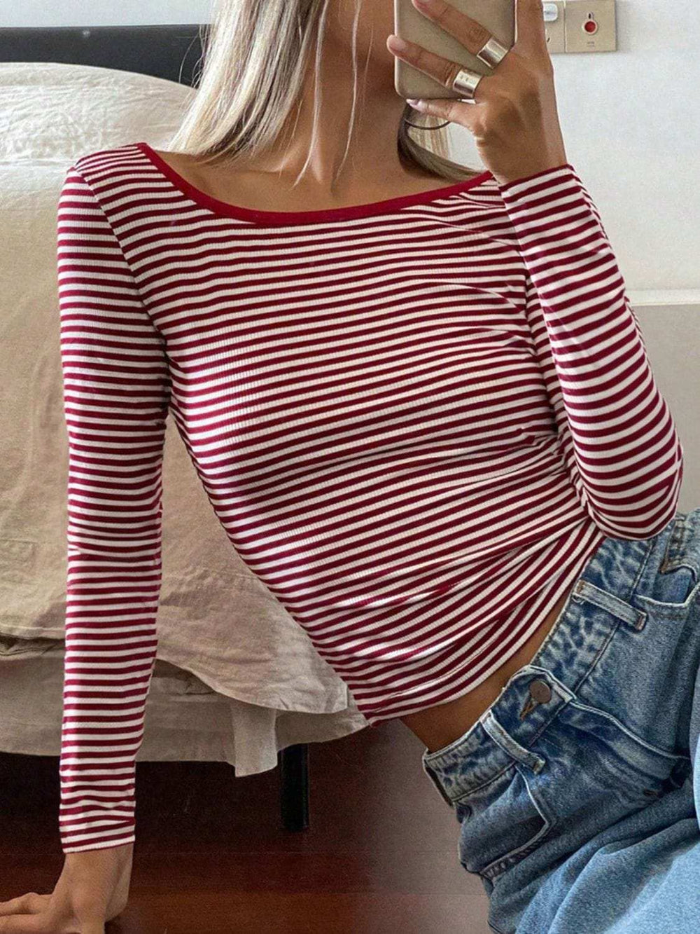Devine Backless Striped Boat Neck Long Sleeve T-Shirt - Trendsi - Flyclothing LLC