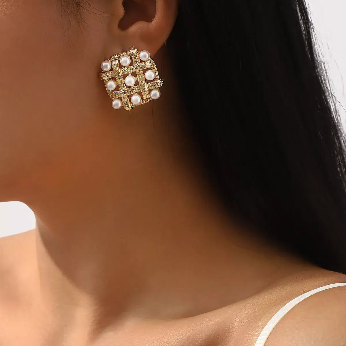 Pearl Grid Square Stud Earrings - Trendsi - Flyclothing LLC