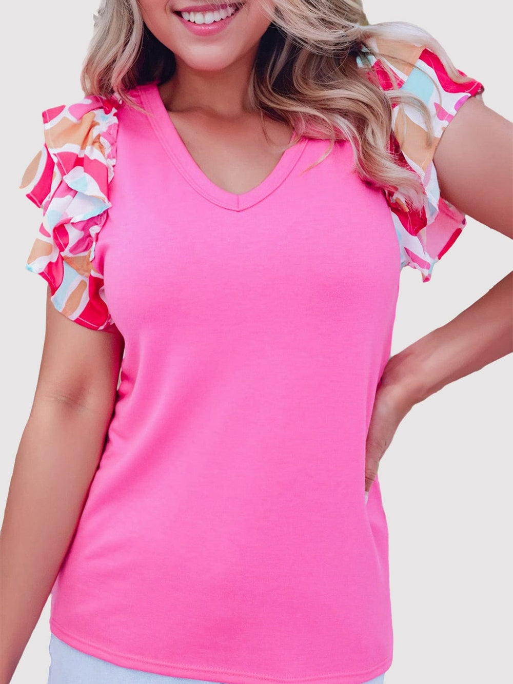 Ruffled Printed V-Neck Short Sleeve Blouse - Trendsi
