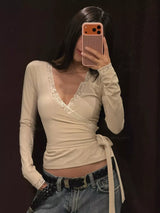 Lace-Trimmed Long Sleeves Wrap Blouse - Trendsi - Flyclothing LLC