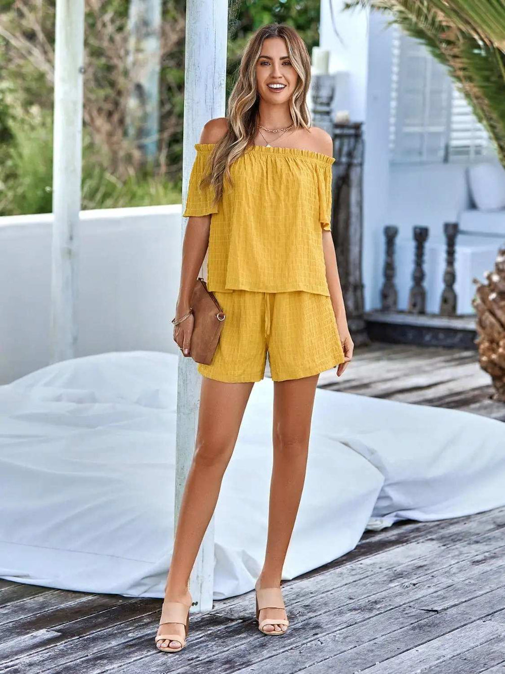 Full Size Off-Shoulder Short Sleeve Top and Tied Shorts Set - Trendsi - Flyclothing LLC
