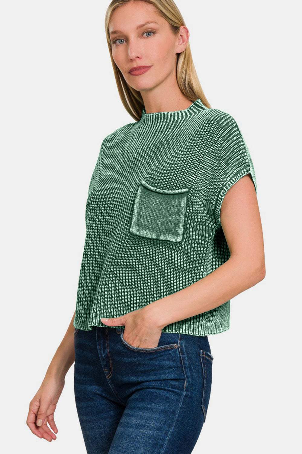 Zenana Washed Mock Neck Short Sleeve Cropped Sweater - Trendsi - Flyclothing LLC