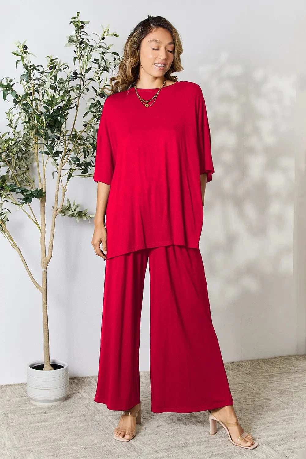 Double Take Full Size Round Neck Slit Top and Pants Set - Trendsi - Flyclothing LLC