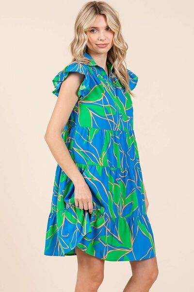 Mittoshop Leaf Print Ruffle Sleeve Tiered Mini Dress - Trendsi - Flyclothing LLC