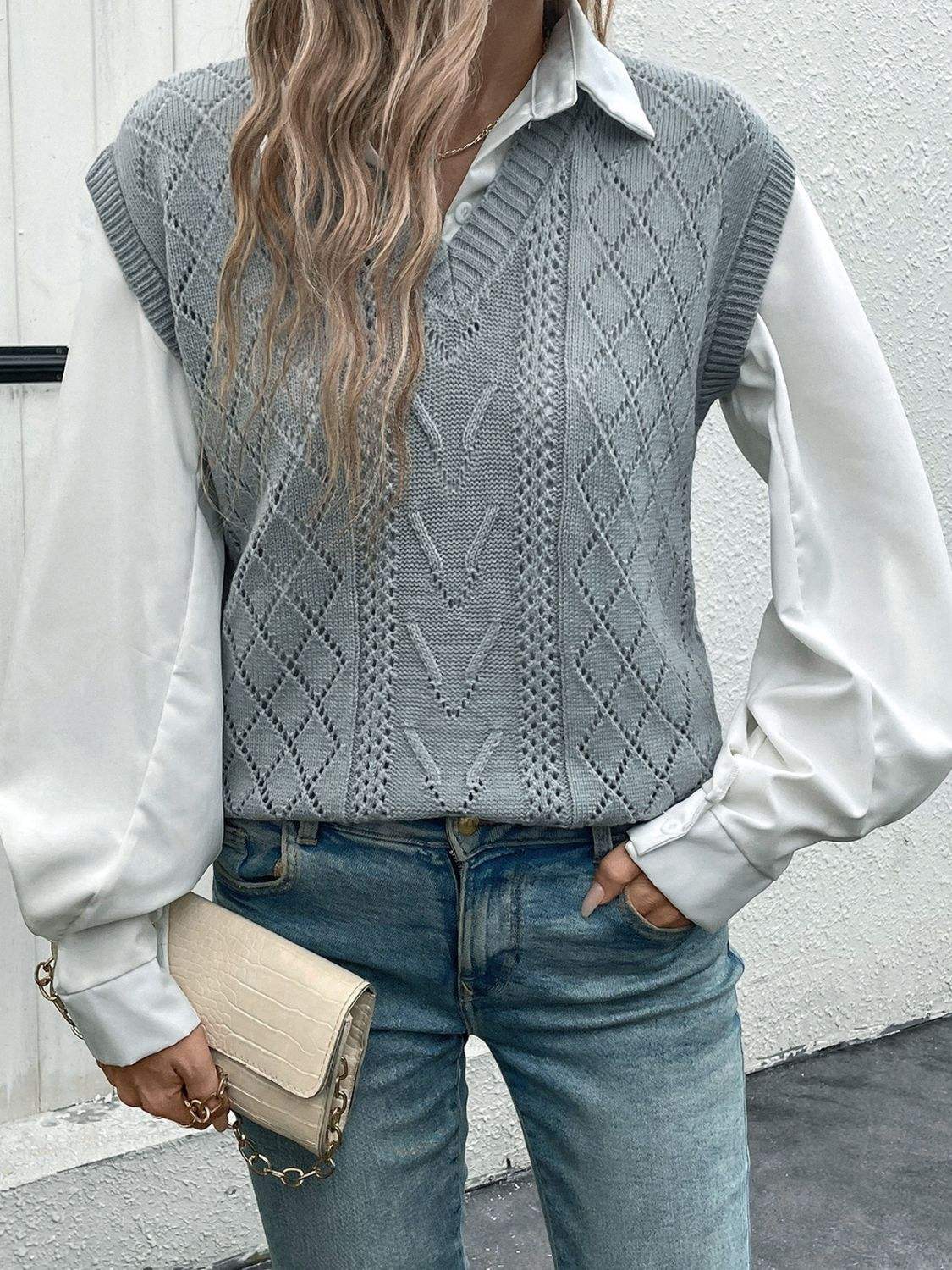 Openwork V-Neck Sweater Vest - Trendsi - Flyclothing LLC