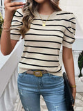 Striped Round Neck Puff Sleeve Knit Top - Trendsi - Flyclothing LLC
