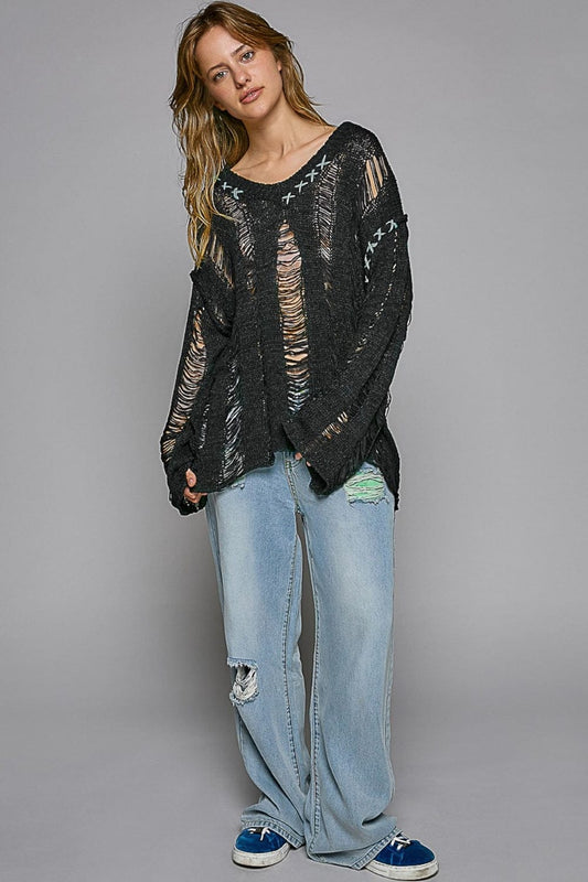 POL Distressed Dropped Shoulder Long Sleeve Knit Top - Trendsi