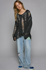 POL Distressed Dropped Shoulder Long Sleeve Knit Top - Trendsi