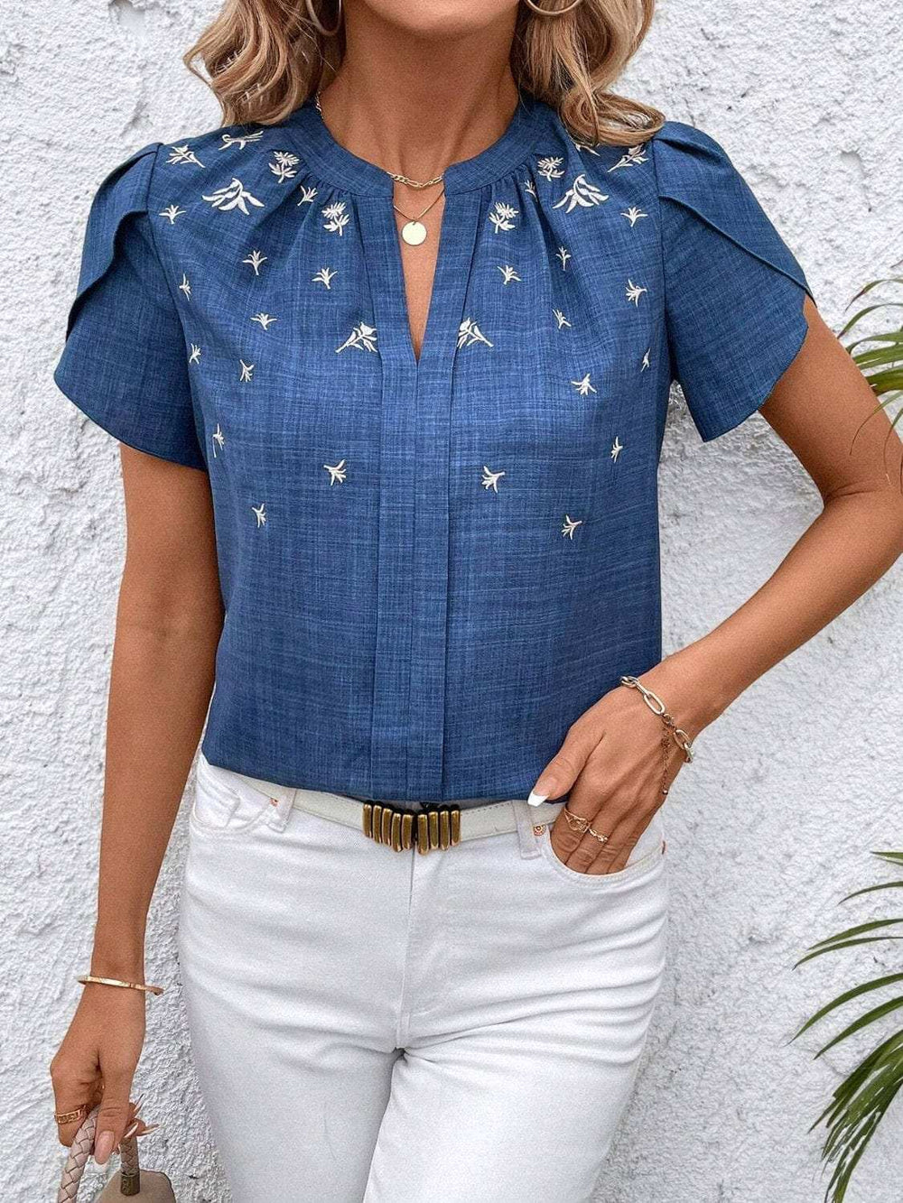 Floral Notched Short Sleeve Blouse - Trendsi - Flyclothing LLC