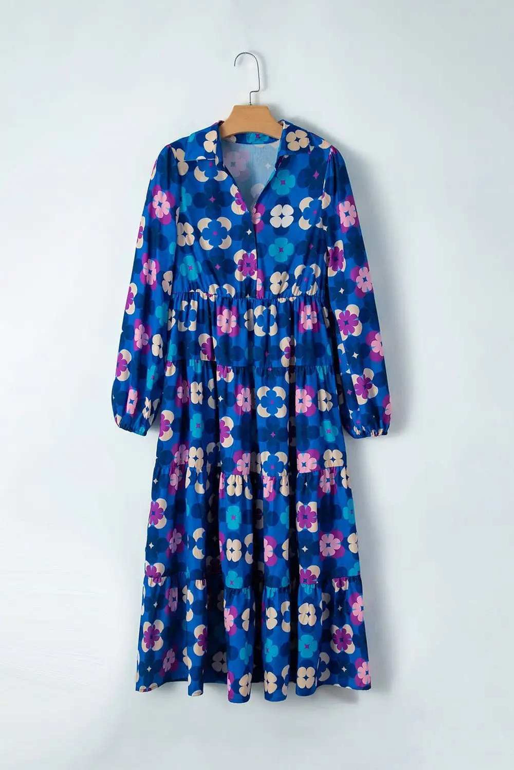 Printed Collared Neck Long Sleeve Midi Dress - Trendsi - Flyclothing LLC