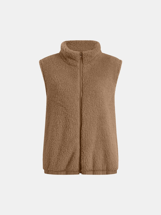Full Size Fuzzy Zip Up Vest Coat with Pockets - Trendsi