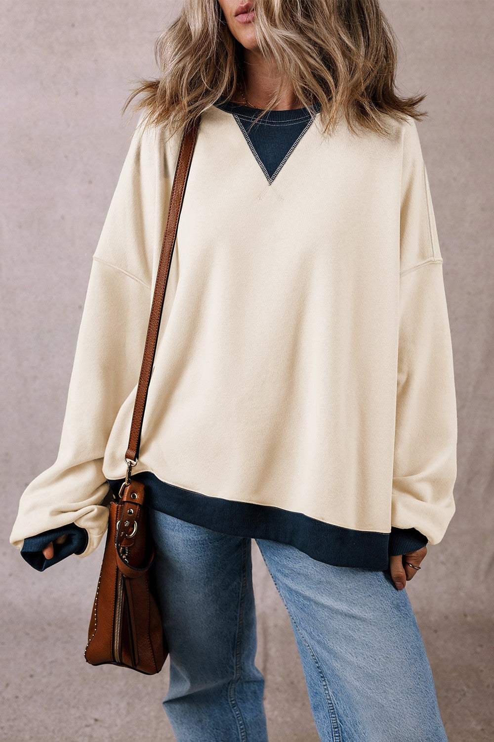 Contrast Round Neck Long Sleeve Sweatshirt - Trendsi - Flyclothing LLC